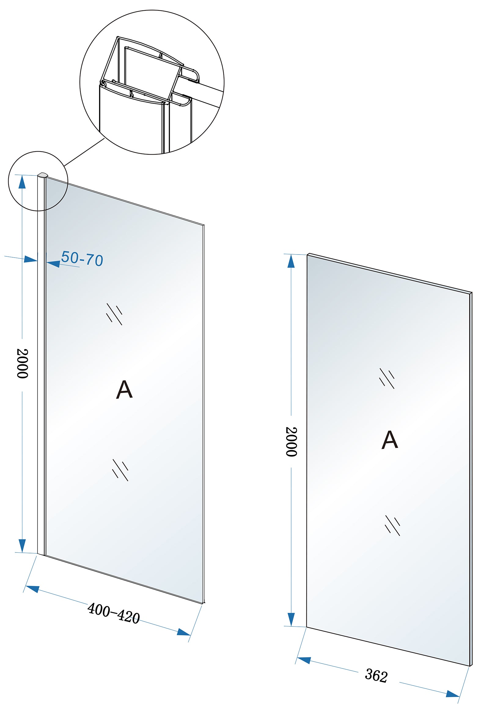 Comfort zijwand met muurprofiel 400 x 2000 x 10 mm nano helder glas/chroom