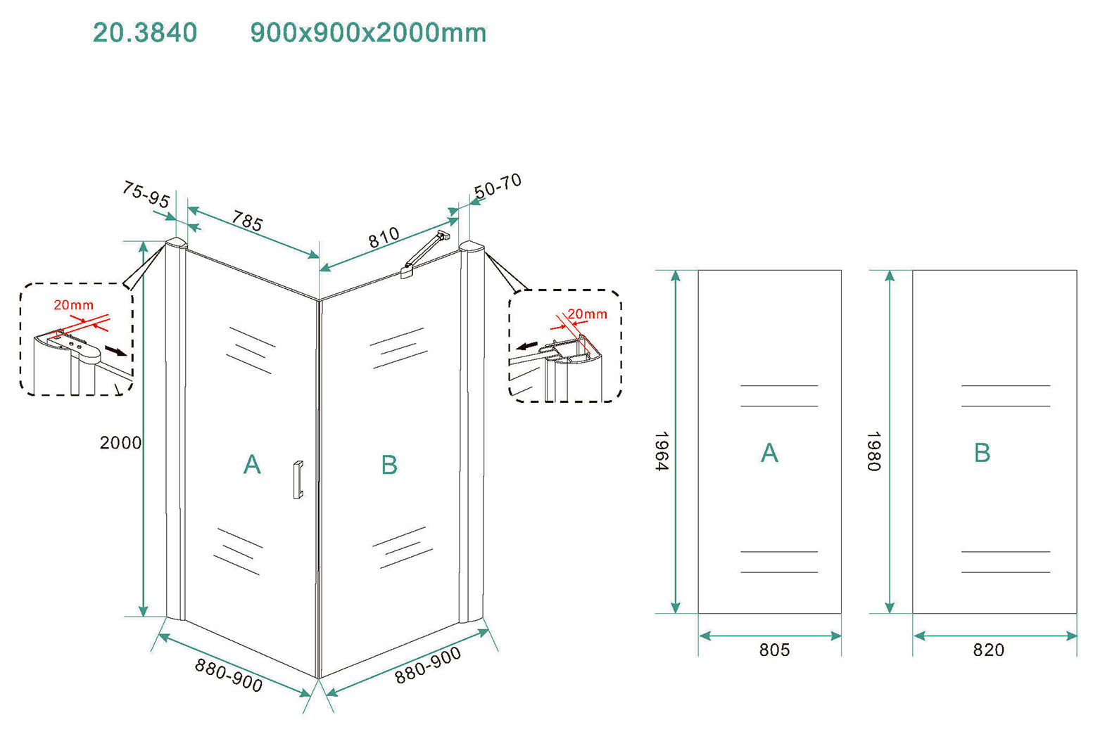 Salone cabine met 1 draaideur 900 x 900 x 2000 x 8 mm nano helder glas/chroom