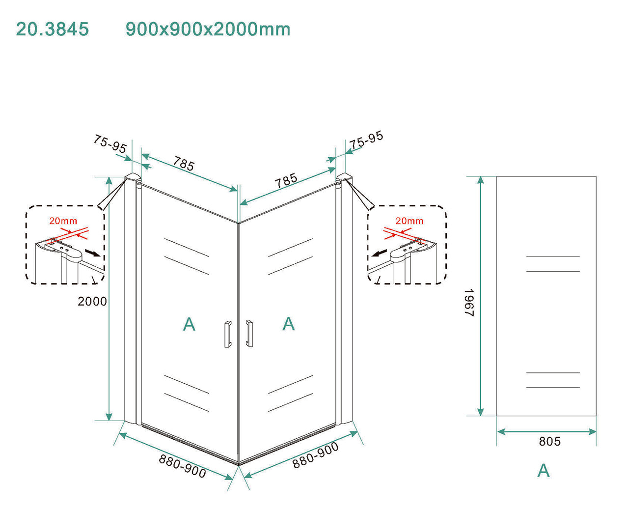 Salone cabine met 2 draaideuren 900 x 900 x 2000 x 8 mm nano helder glas/chroom