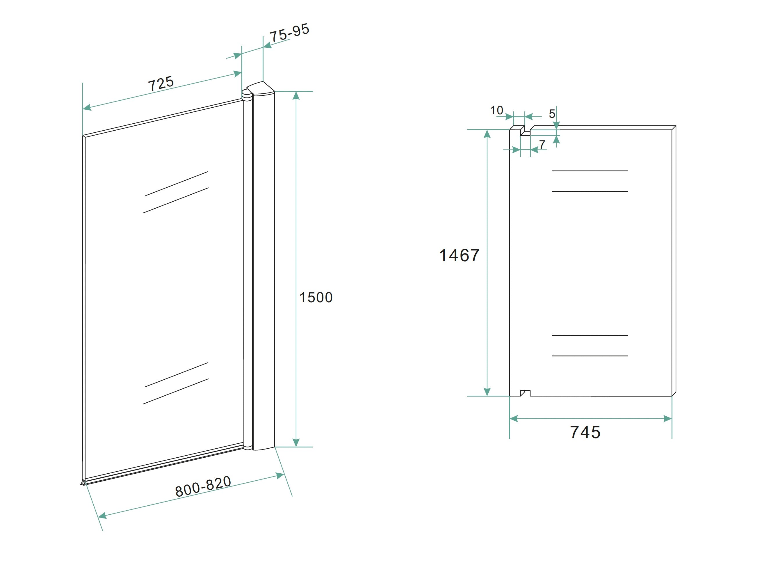 Orbit badwand draaibaar 800 x 1500 x 6 mm nano helder glas/mat zwart