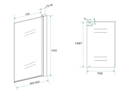 Orbit badwand draaibaar 800 x 1500 x 6 mm nano helder glas/mat zwart