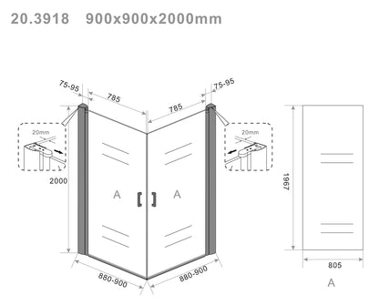 Salone cabine met 2 draaideuren 900 x 900 x 2000 x 8 mm nano helder glas/mat zwart