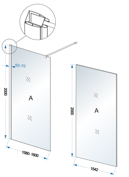 Comfort inloopdouche 1600 x 2000 x 8 mm nano helder glas/chroom