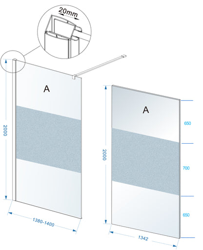 Comfort inloopdouche 1400 x 2000 x 8 mm nano helder glas met melkglas middenband/chroom