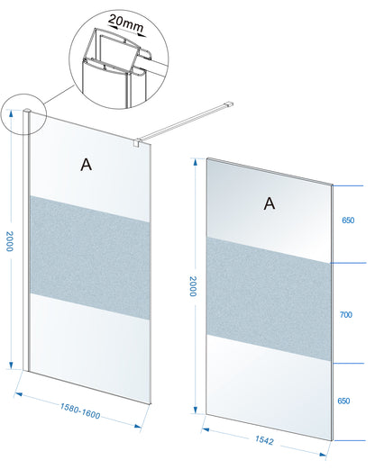 Comfort inloopdouche 1600 x 2000 x 8 mm nano helder glas met melkglas middenband/chroom