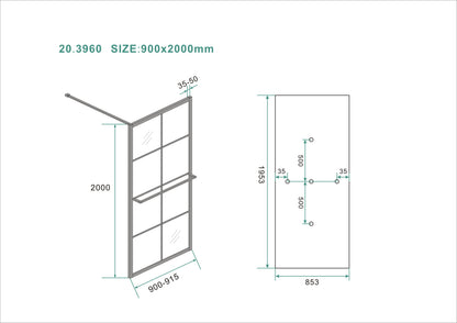 Maaz inloopdouche met raster en handdoekhouder 900 x 2000 x 10 mm helder glas/mat zwart