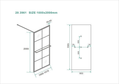 Maaz inloopdouche met raster en handdoekhouder 1000 x 2000 x 10 mm helder glas/mat zwart