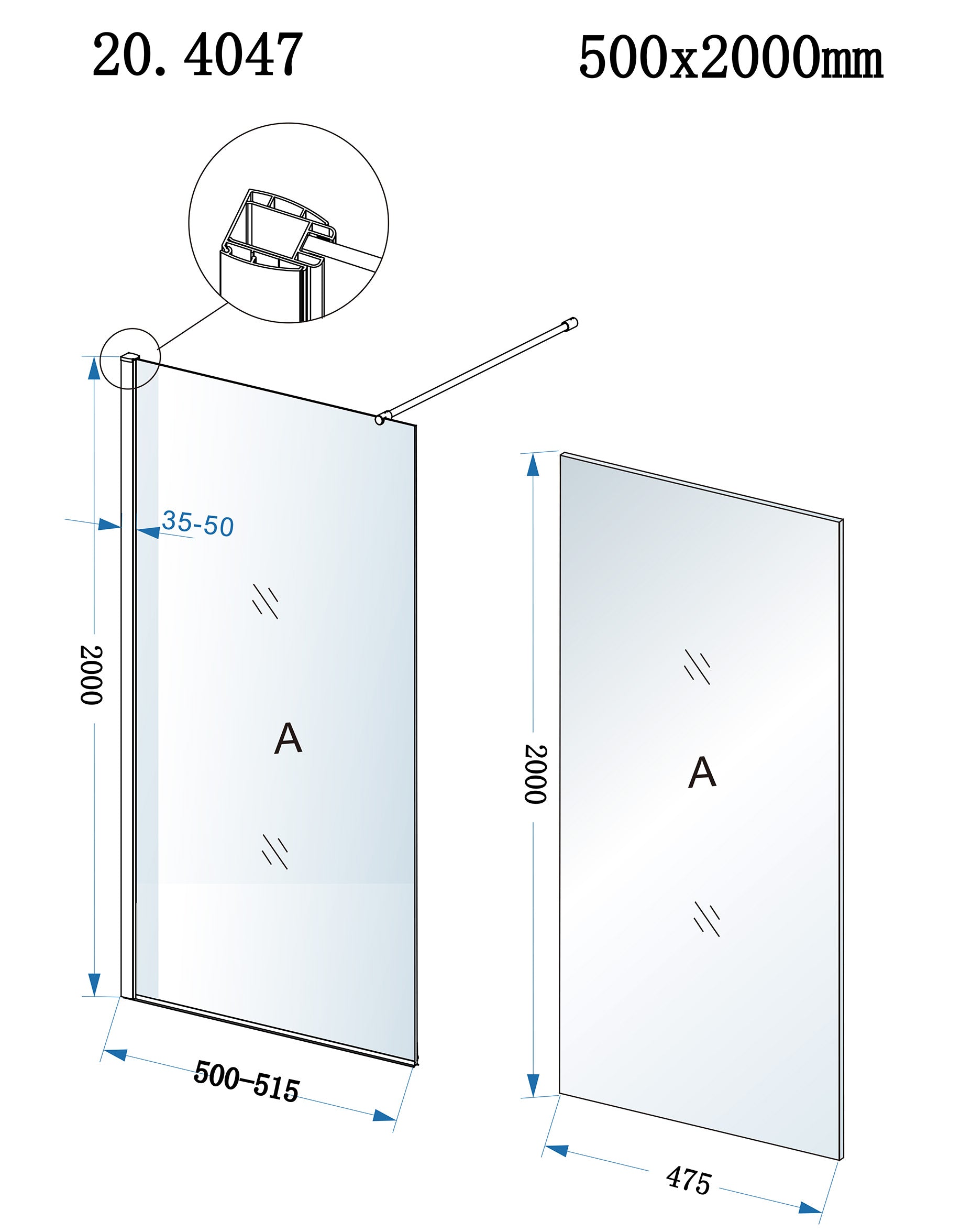 Eco inloopdouche 500 x 2000 x 8 mm nano helder glas/chroom
