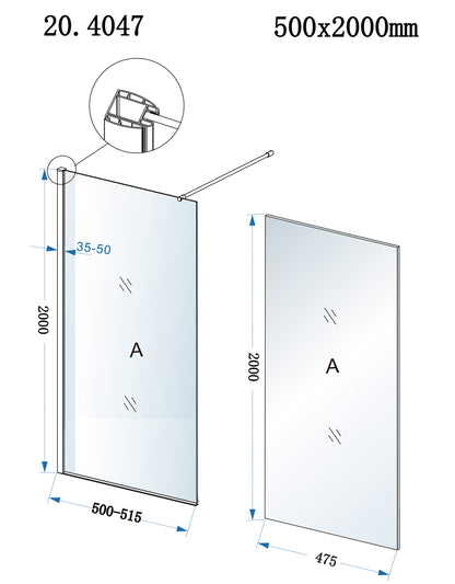 Eco inloopdouche 500 x 2000 x 8 mm nano helder glas/chroom