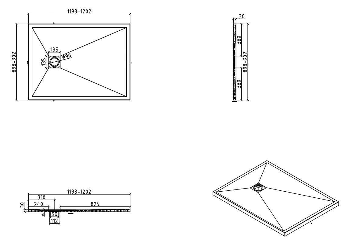 Stonea douchebak antislip composiet 900x1200x30 mm inkortbaar mat wit
