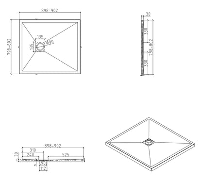 Stonea douchebak antislip composiet 800x900x30 mm inkortbaar mat zwart