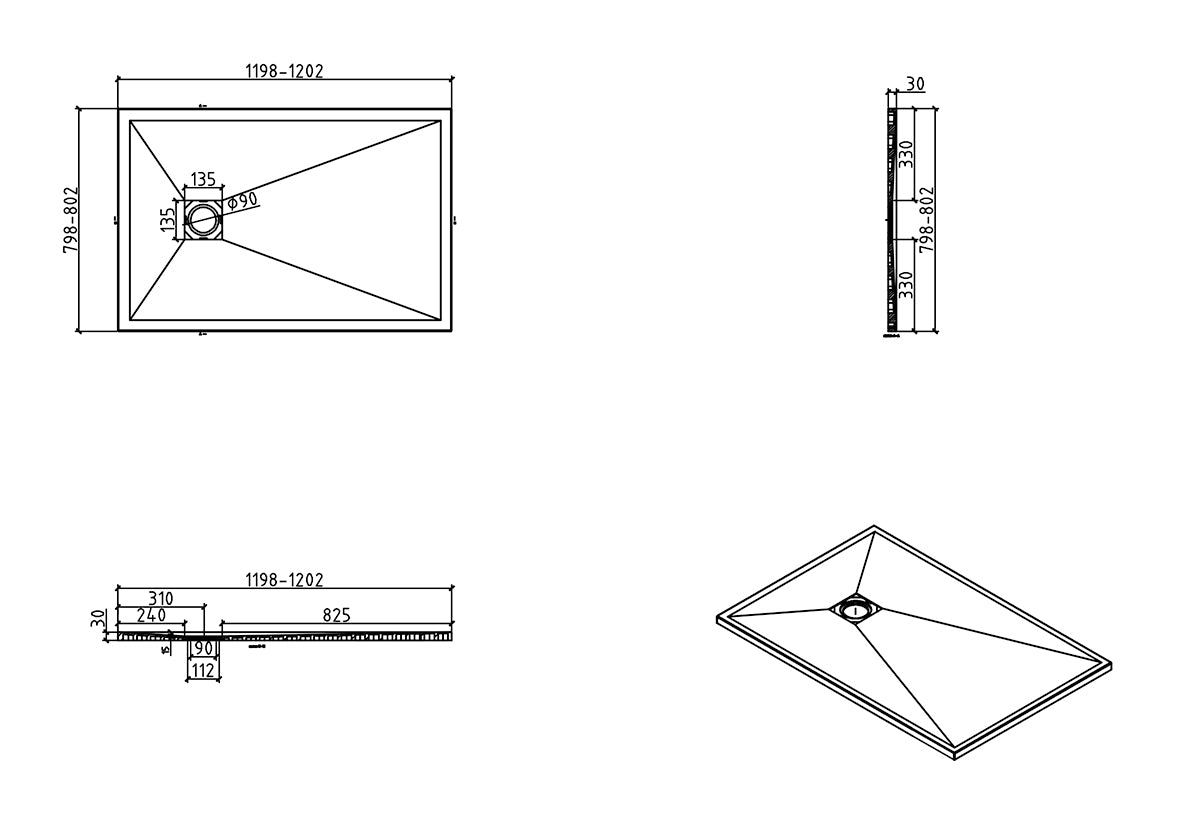 Stonea douchebak antislip composiet 800x1200x30 mm inkortbaar mat zwart