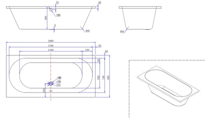 Portus RD inbouw duo ligbad 190x90x49 cm acryl glans wit