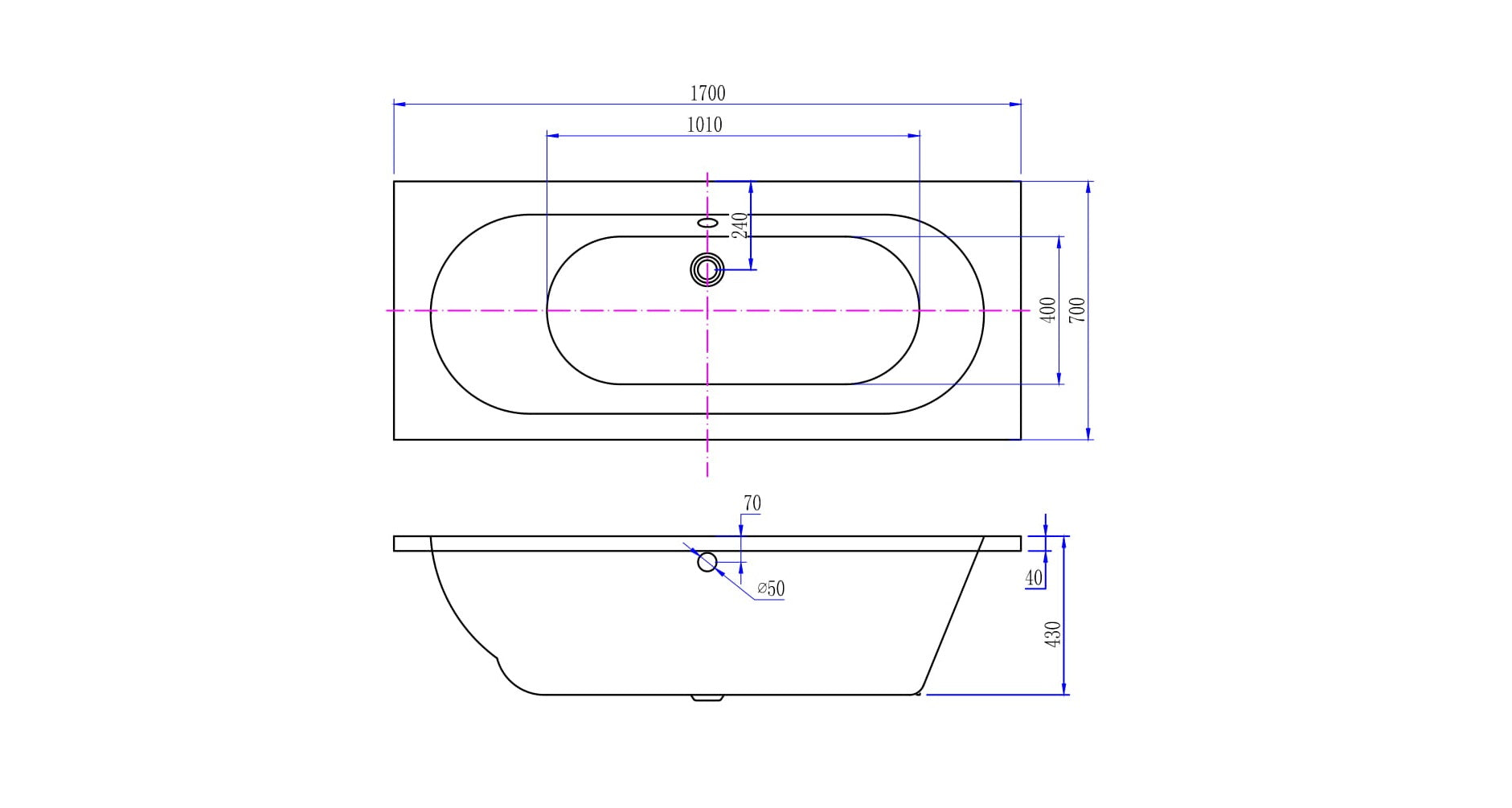 Portus RD inbouw duo ligbad 170x70x43 cm glans wit