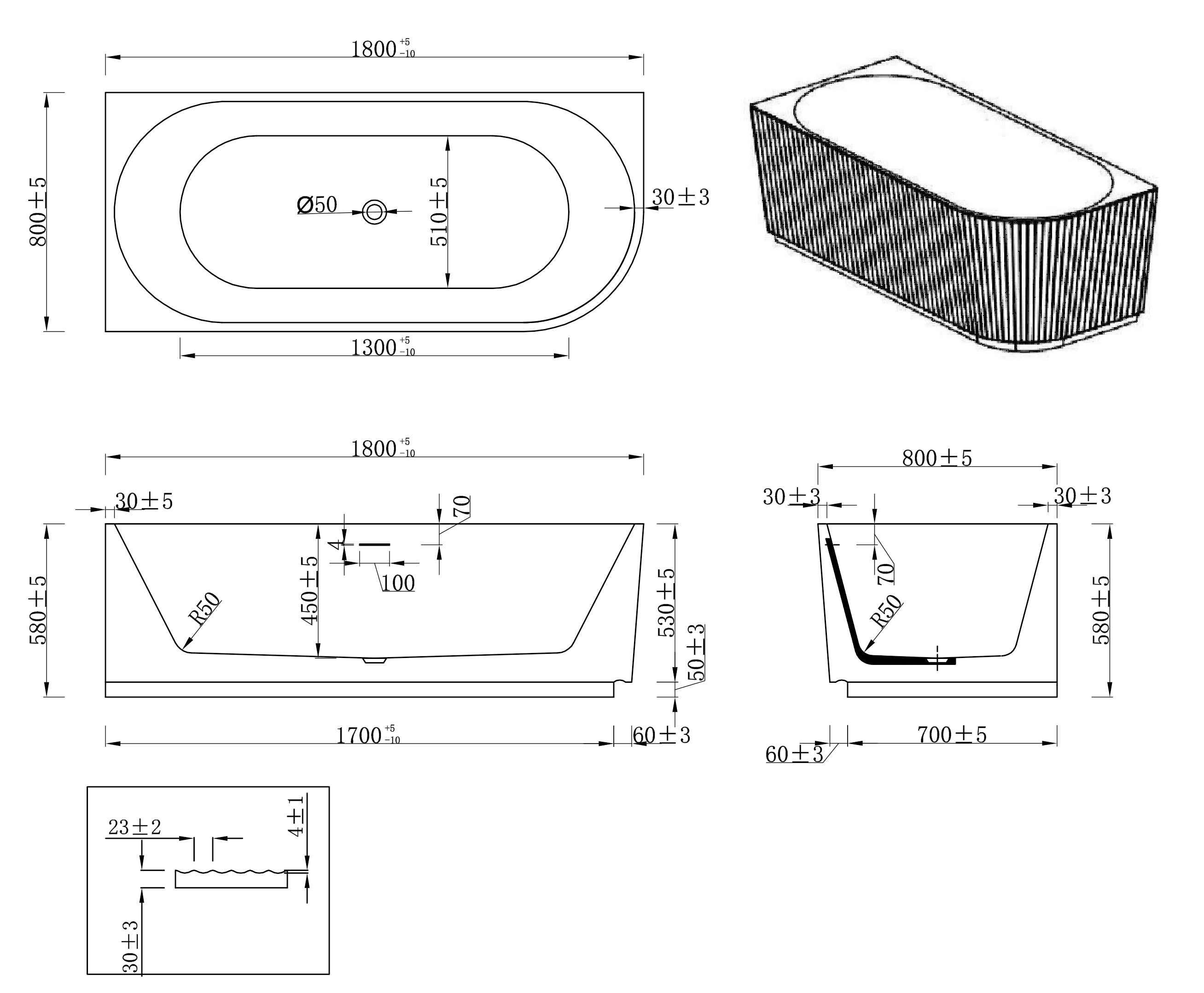 Rivi hoekbad links 180 x 80 cm acryl mat wit met waste mat wit