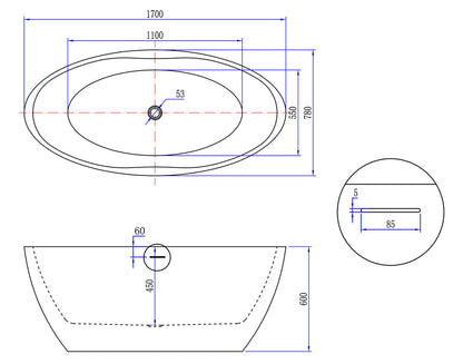Oval vrijstaand ligbad 170 x 78 cm acryl mat wit met waste mat wit