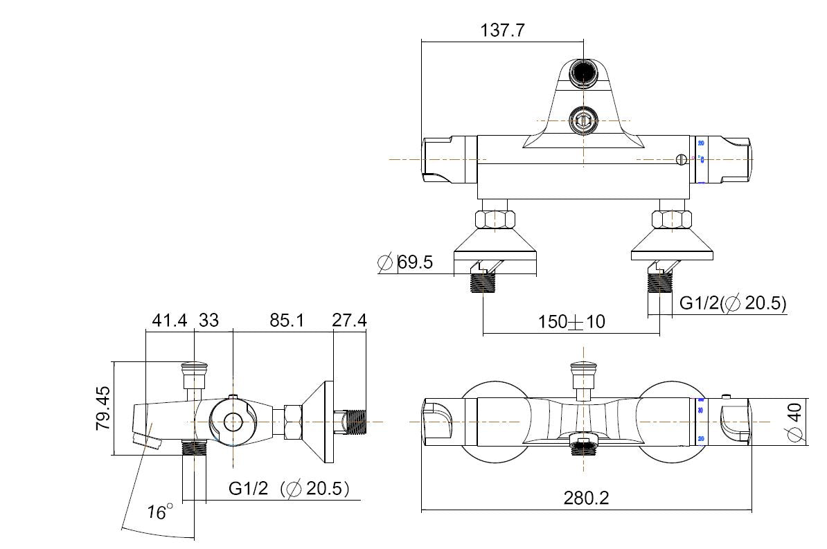 Universele thermostatische badmengkraan chroom