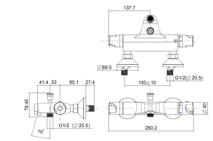 Universele thermostatische badmengkraan chroom