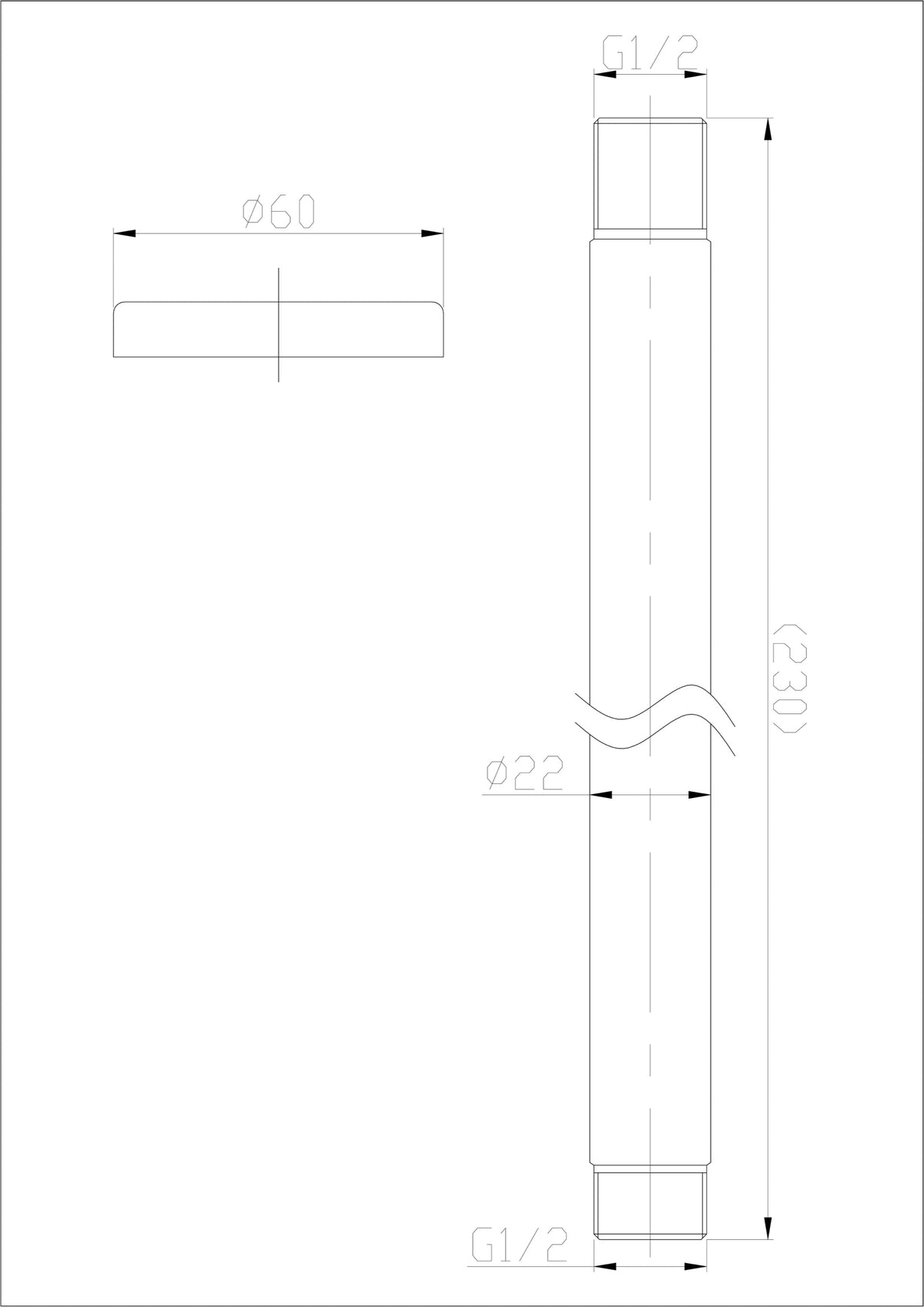 Wiesbaden 304 douchearm met plafondbevestiging rond 20 cm geborsteld RVS, maattekening