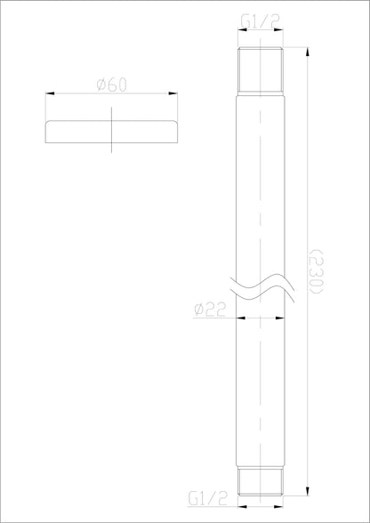 Wiesbaden 304 douchearm met plafondbevestiging rond 20 cm geborsteld RVS, maattekening
