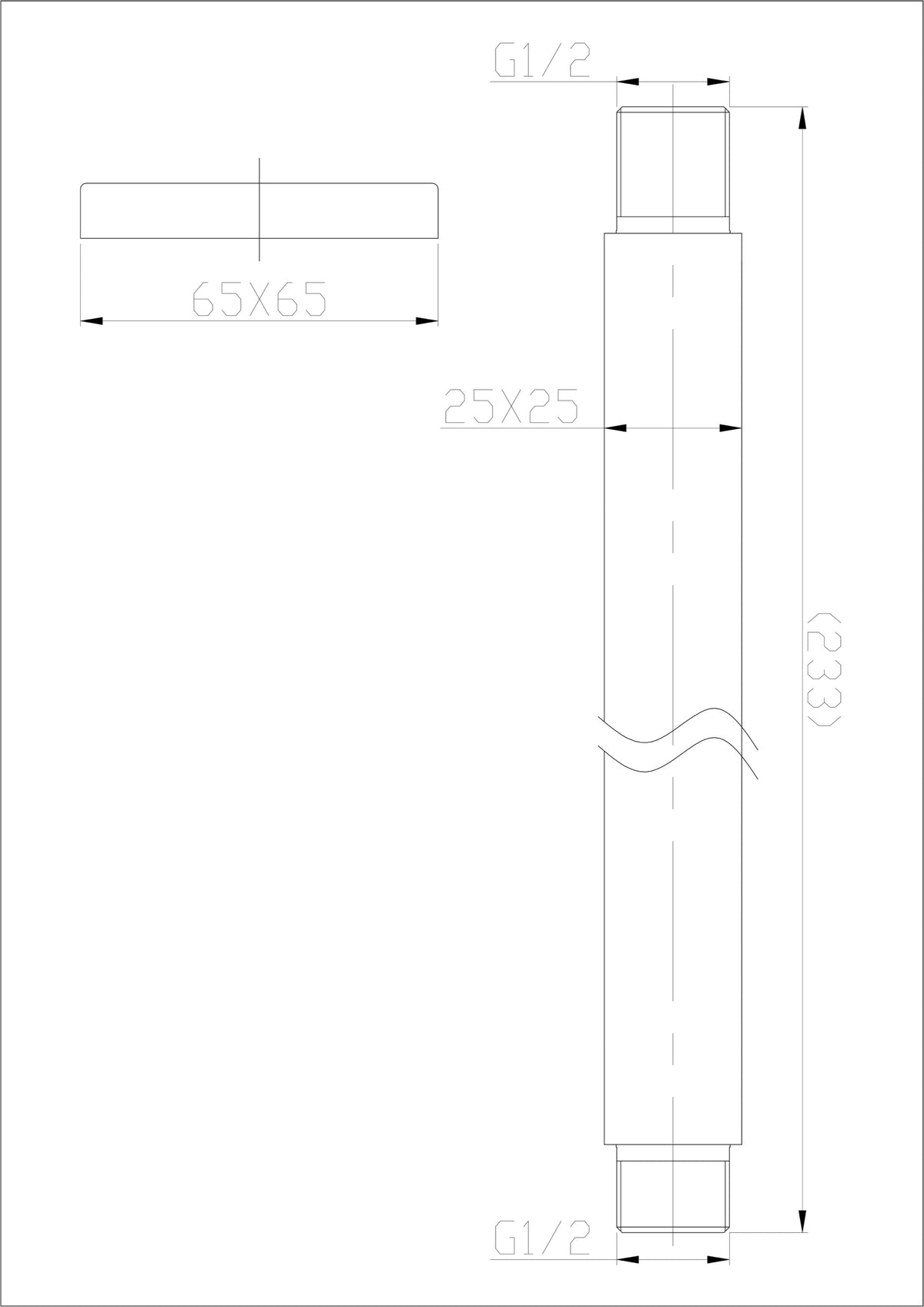 Wiesbaden 304 douchearm met plafondbevestiging vierkant 20 cm geborsteld RVS, maattekening