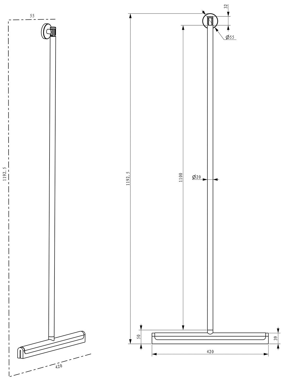 Alonzo vloerwisser met ophanghaak geborsteld brons koper PVD