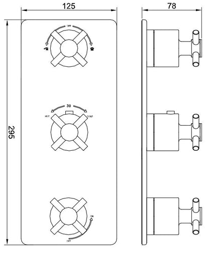 Cross afbouwdeel inbouwthermostaat 3 weg chroom