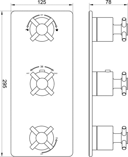 Cross afbouwdeel inbouwthermostaat 3 weg geborsteld staal PVD