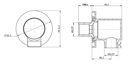 Wiesbaden UniMatch wandaansluitbocht rond 1/2" mat zwart, maattekening