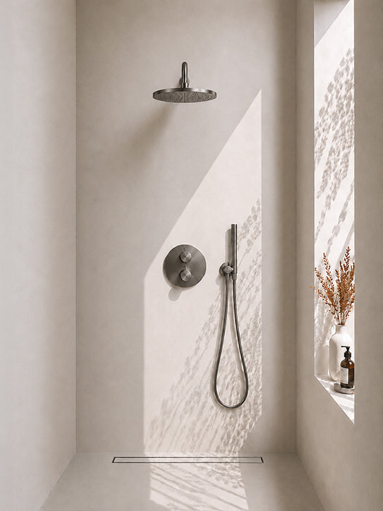 Wiesbaden caral inbouwthermostaat 2 weg rond compleet met hoofddouche 30 cm en staafhanddouche gunmetal