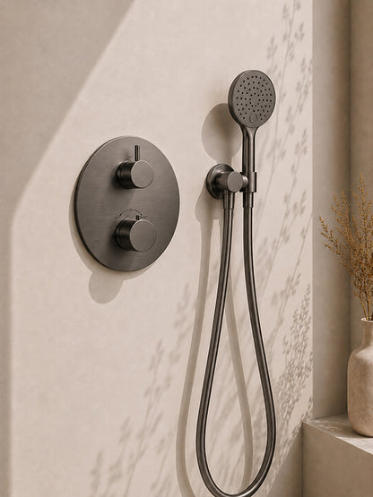 Wiesbaden caral inbouwthermostaat 2 weg rond compleet met hoofddouche 30 cm en 3 standen handdouche gunmetal