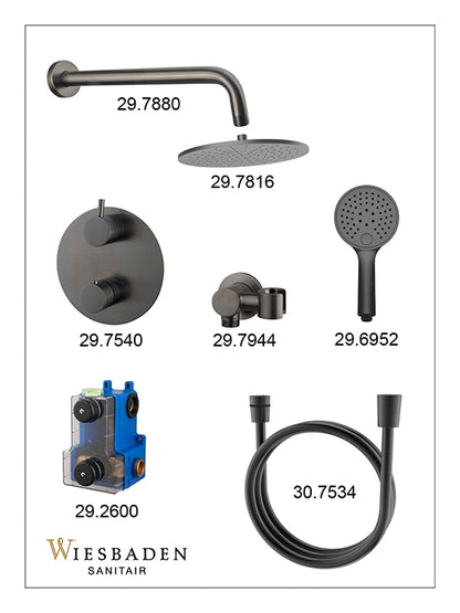 Wiesbaden caral inbouwthermostaat 2 weg rond compleet met hoofddouche 30 cm en 3 standen handdouche gunmetal