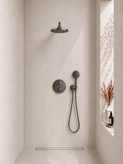 Wiesbaden caral inbouwthermostaat 2 weg rond compleet met hoofddouche 25 cm en 3 standen handdouche gunmetal