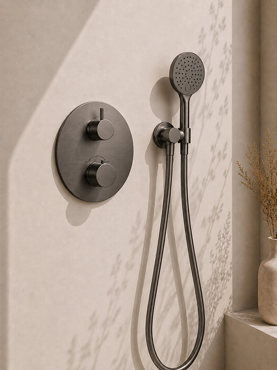 Wiesbaden caral inbouwthermostaat 2 weg rond compleet met hoofddouche 25 cm en 3 standen handdouche gunmetal