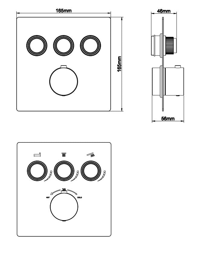 Caral Klik Pro afbouwdeel inbouwthermostaat 3 weg gunmetal PVD
