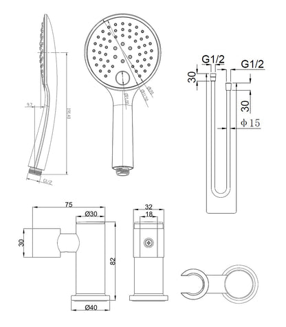 UniMatch handdoucheset met handdouche 3 standen Ø 12 cm, doucheslang en wandhouder kantelbaar gunmetal