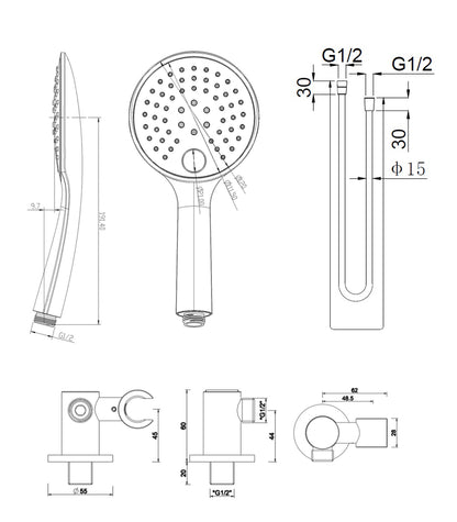 UniMatch handdoucheset met handdouche 3 standen Ø 12 cm, doucheslang en wandaansluitbocht geborsteld messing
