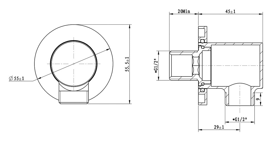 Wiesbaden UniMatch wandaansluitbocht rond 1/2" chroom, maattekening