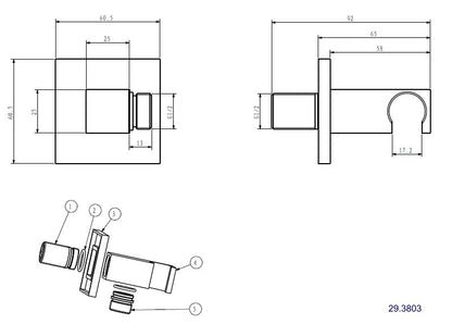 Rombo wandaansluitbocht met handdouchehouder vierkant 1/2" chroom