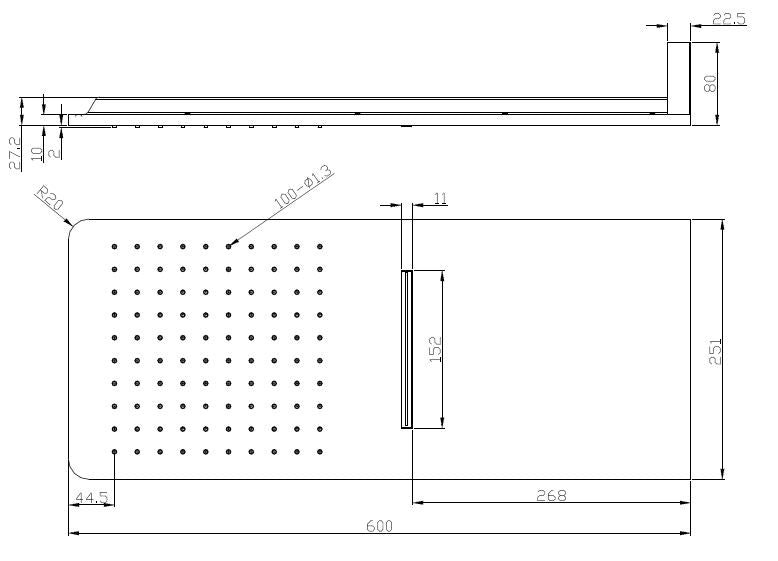 Wandhoofddouche met waterval vierkant 600 x 25 mm chroom