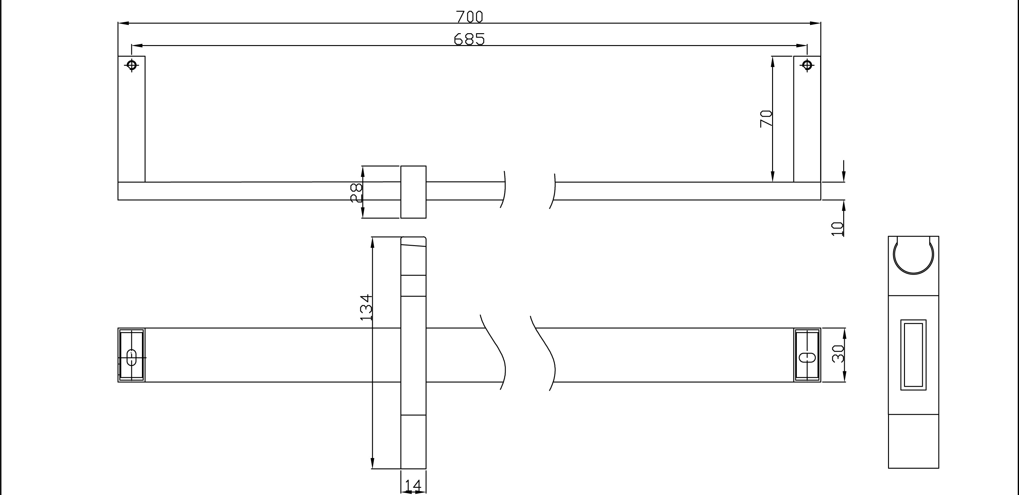 Glijstang vierkant 70 cm chroom