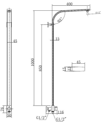 Douchestang met omstelknop 45x1000 mm chroom