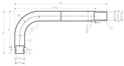 Wiesbaden UniMatch douchearm met muurbevestiging 45 cm chroom, maattekening