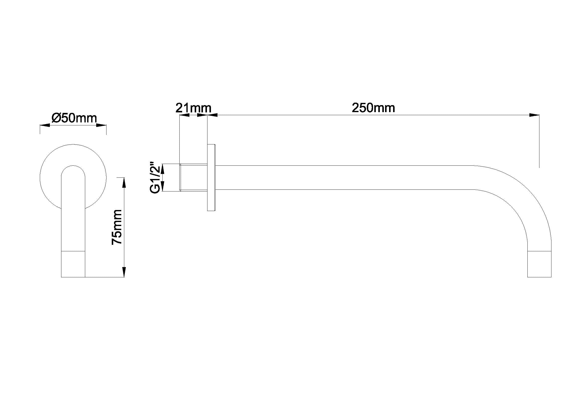 Slim 18mm uitloop rond 25cm 1/2" geborsteld staal PVD