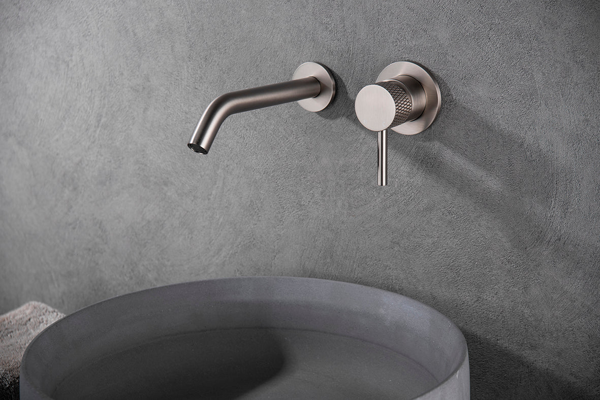 Wiesbaden ribbd eenhendel wastafelkraan met coldstart inbouw compleet geborsteld staal PVD