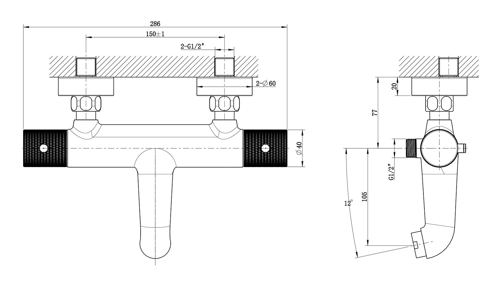 Ribbd thermostatische badmengkraan hartafstand 15 cm mat zwart