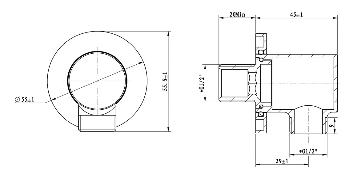 Wiesbaden UniMatch wandaansluitbocht rond 1/2" gunmetal PVD, maattekening