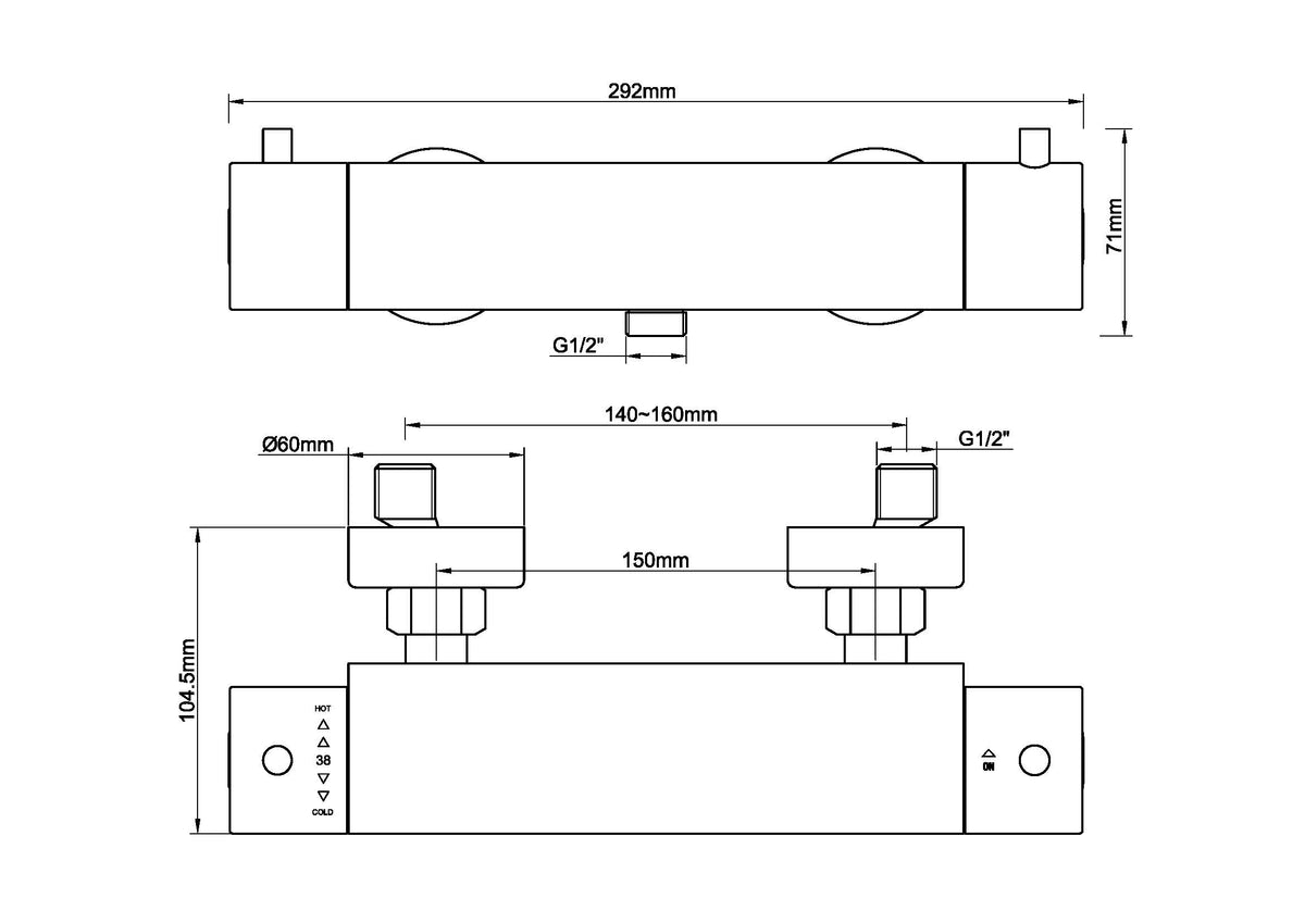 Wiesbaden caral Cool Touch thermostatische douchemengkraan geborsteld brons koper PVD, maattekening