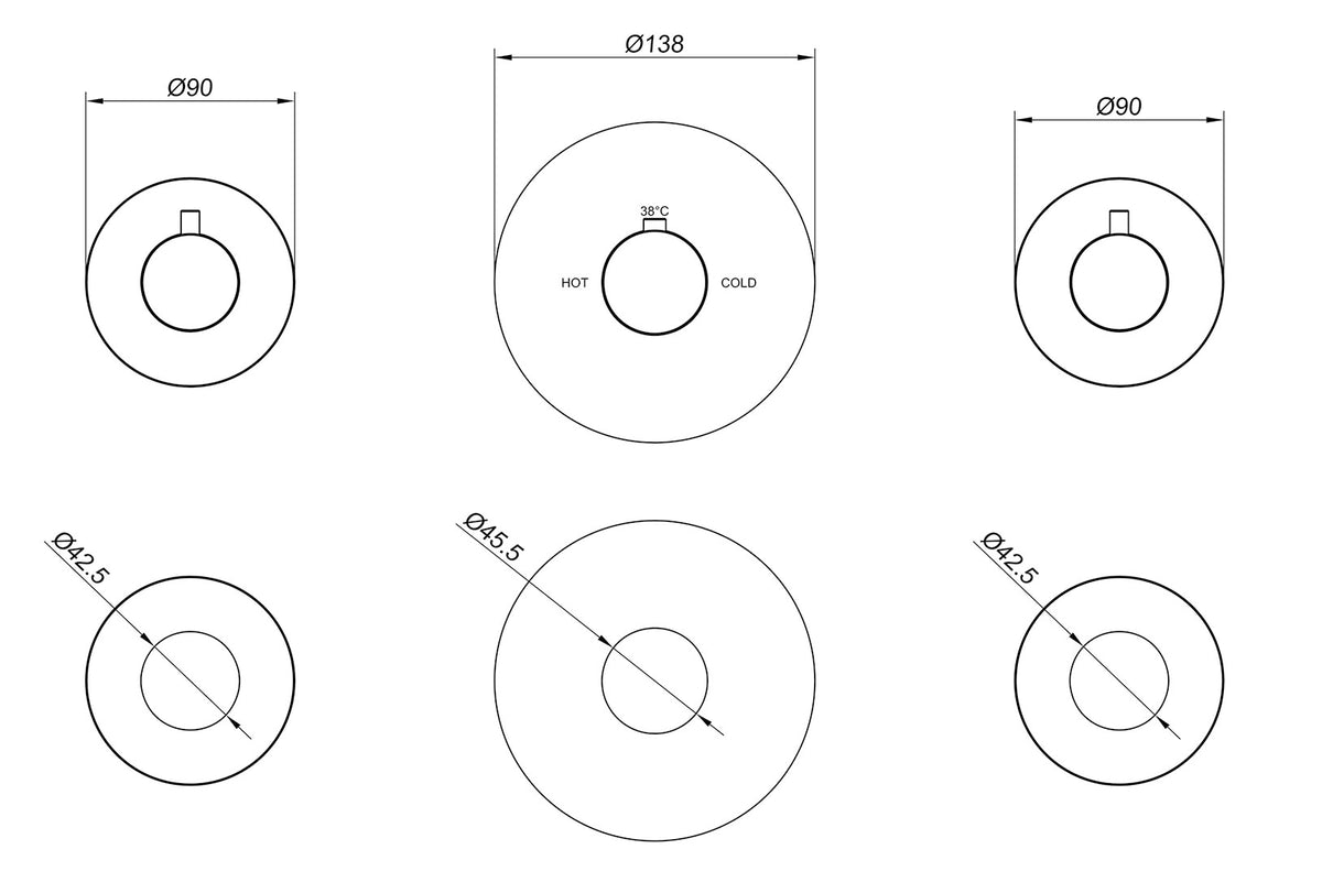 Wiesbaden Dreams afbouwdeel thermostatische douchekraan met 2 stopkranen mat zwart, maattekening