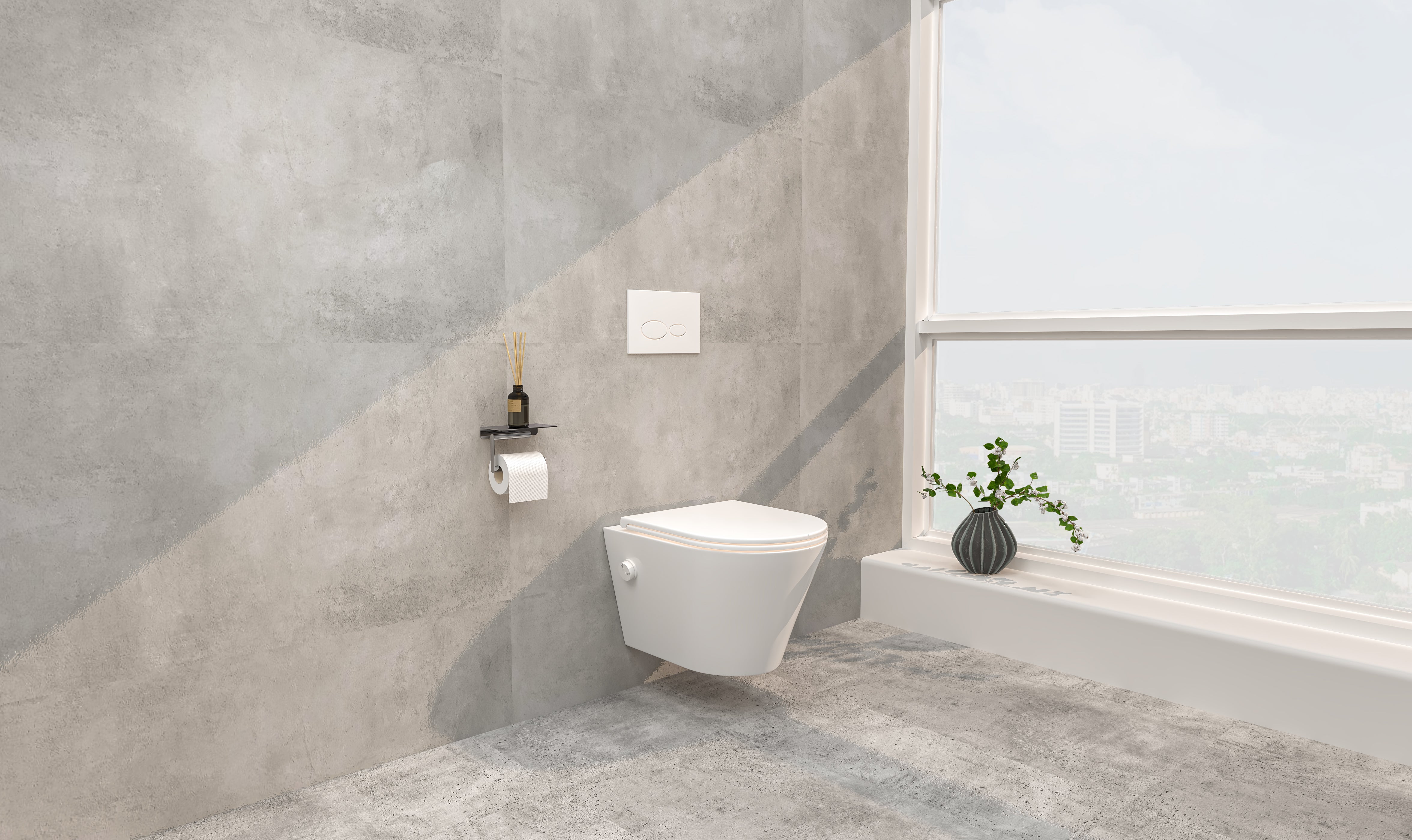 Vesta wandcloset rimless met bidetkraan koud water met Flatline toiletzitting glans wit